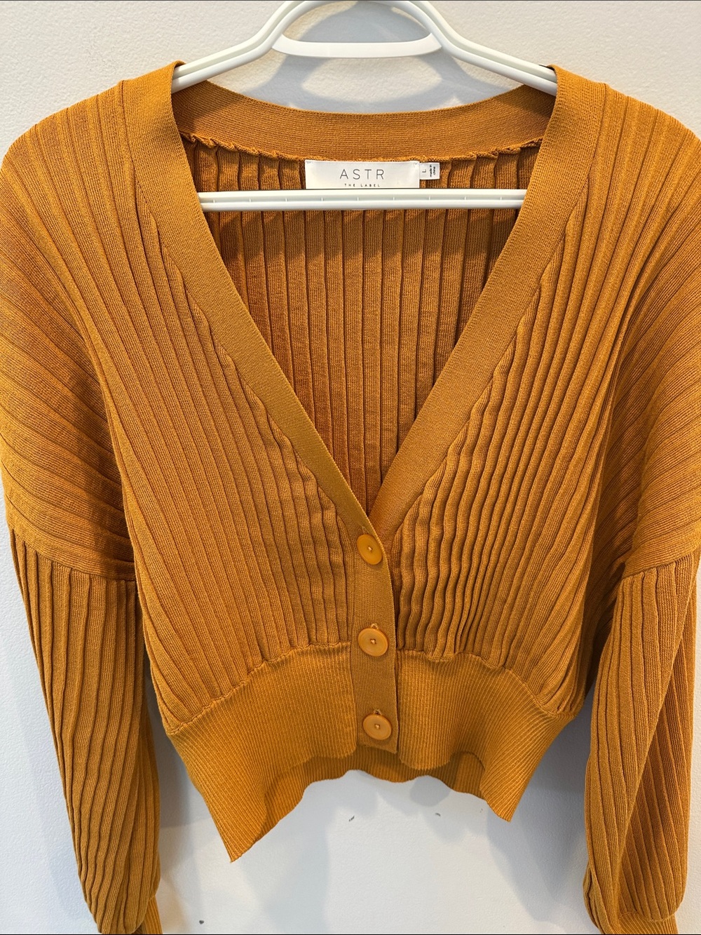 Astr Ribbed V-Neck Cropped Cardigan - Mustard